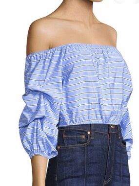 Alice and Olivia Off-Shoulder Blue Striped Crop Top